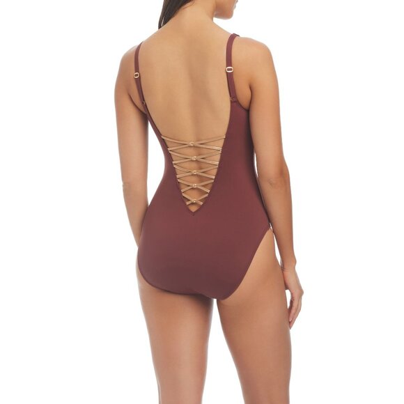 🆕 Bleu Rod Beattie Kore Lace Up One Piece Swimsuit 8 Chipotle Brown - Picture 2 of 6